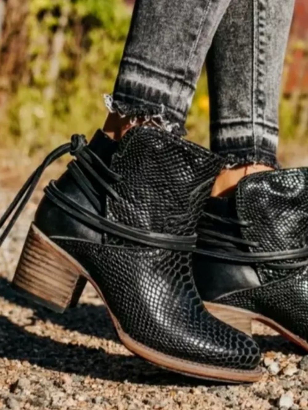 FREEBIRD Casey Black Snakeskin Ankle Boots Chunky Block Heel Strappy Western
